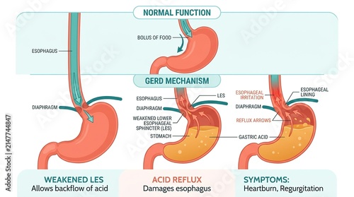 Cross-section of gastroesophageal reflux disease (GERD) mechanism with lower esophageal sphincter
