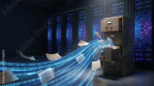 Digital Archive Migration: Futuristic server racks glow with binary code as digital information flows in blue streams from scattered documents into an old-fashioned filing cabinet.