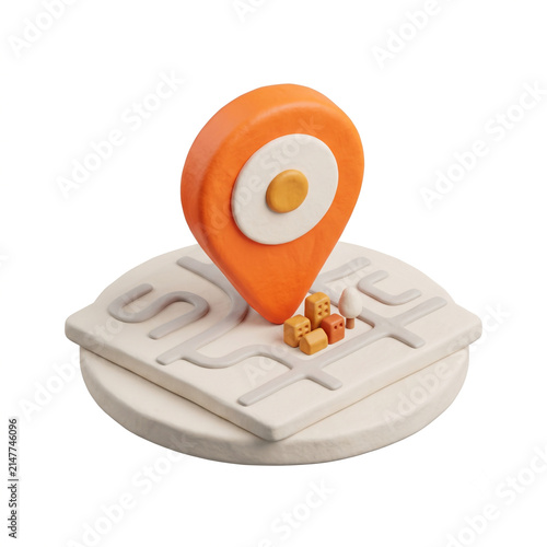 Abstract location marker with miniature cityscape on map surface
