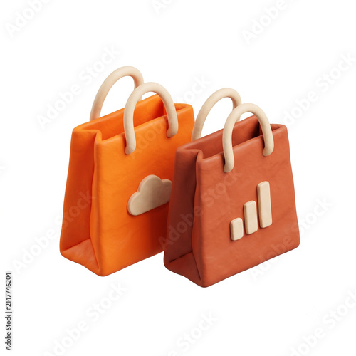 Clay shopping bags with icons representing cloud and growth concepts