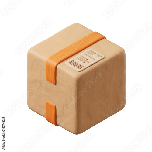 Cardboard box with orange tape and label for shipping and delivery