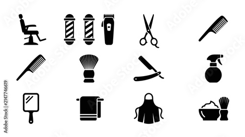 Set of professional barber shop equipment and grooming tools icons.