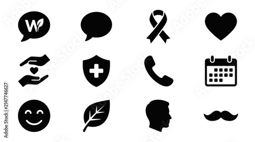 Set of minimalist black glyph icons for healthcare and wellness design.