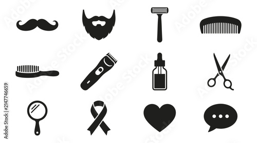 Set of black barbershop and men grooming vector icons.