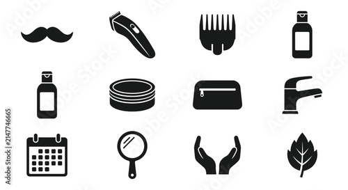 Set of male grooming and personal hygiene icons in black.