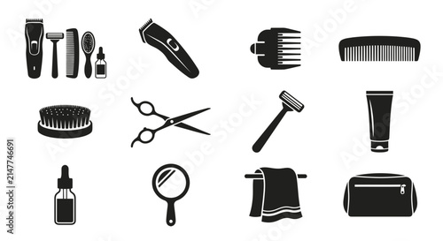 Set of professional barber and grooming icons.