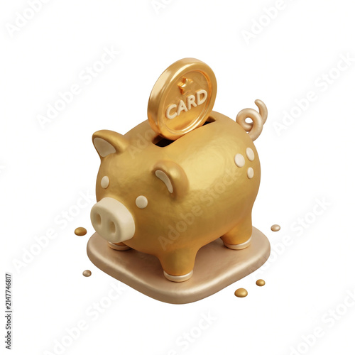 Golden piggy bank with coin and card symbol for financial savings