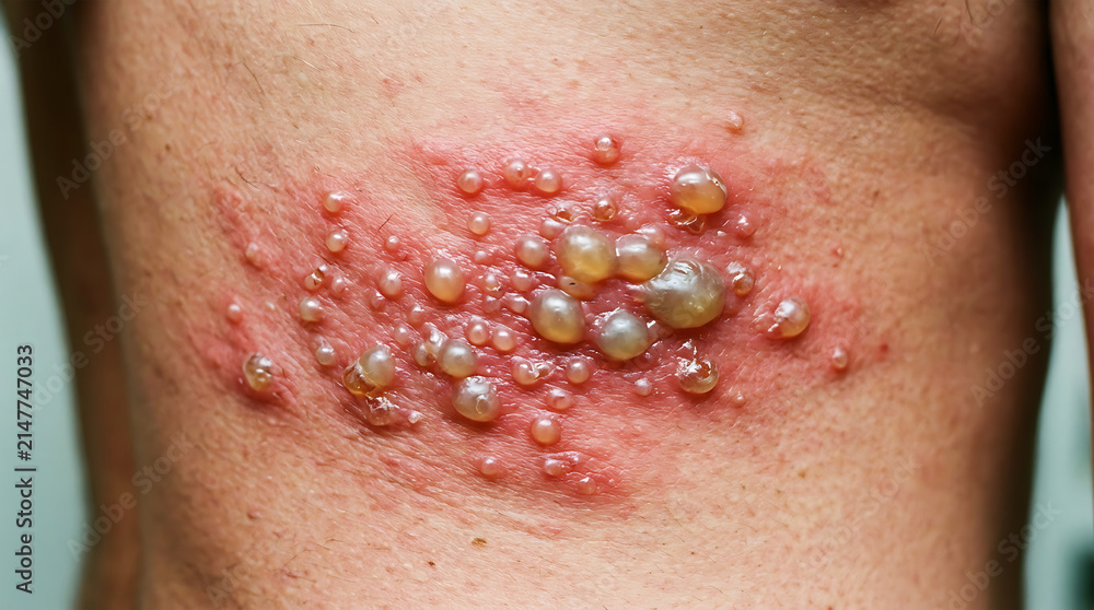 Fototapeta premium Close-up of inflamed skin with fluid-filled blisters