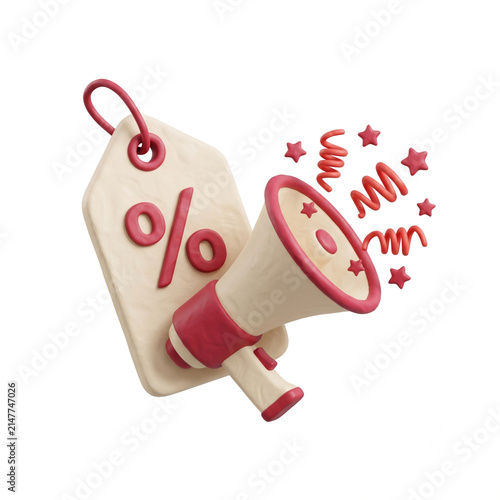 Percentage tag and megaphone with confetti for promotion announcement