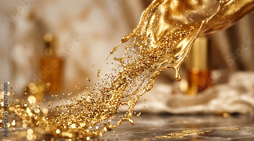 Dynamic Liquid Gold Splash and Sparkling Glitter Stream Motion
