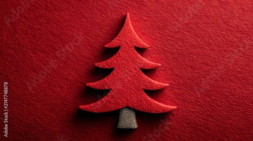 Red christmas tree felt cutout decoration on dark red textured paper background with side lighting.