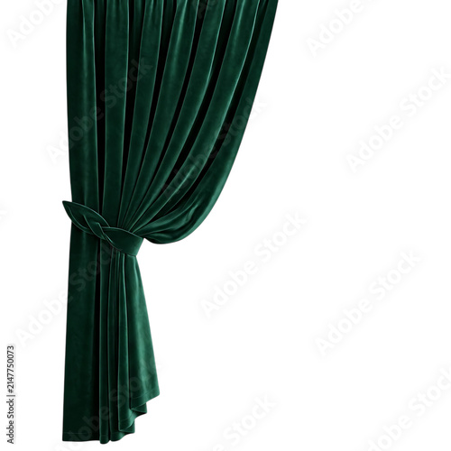 Dark green velvet curtain draped and tied back with soft folds
