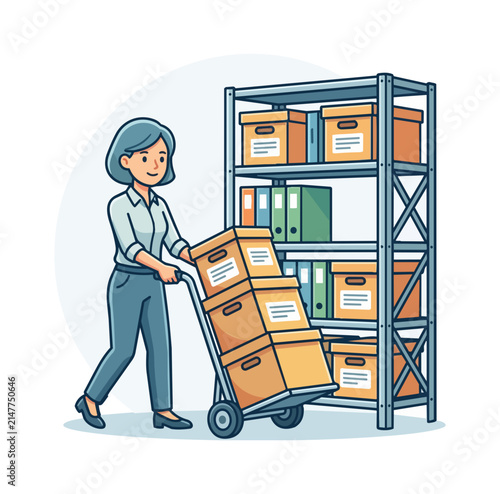 Woman pushing cart with boxes near storage shelf organized with folders and containers