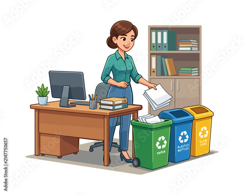 Woman sorting paper waste into recycling bins at office desk