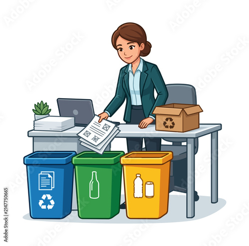 Woman sorting paper waste into recycling bins at office desk