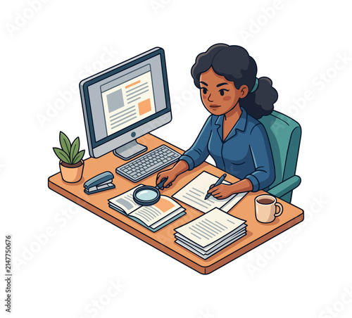 Woman working at desk with computer and documents