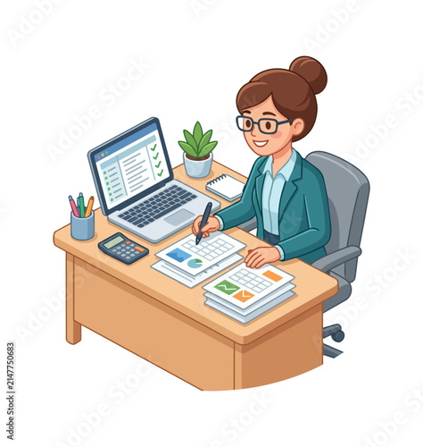 Woman working at desk with computer and documents