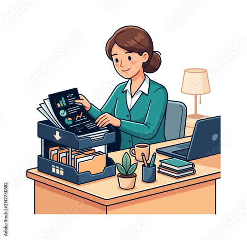Woman working at desk with documents and laptop