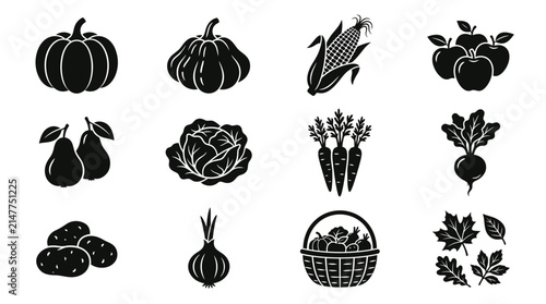 Collection of Harvest Season Farm Fresh Vegetables and Fruit Icons.