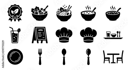 Set of black and white restaurant and food icons.