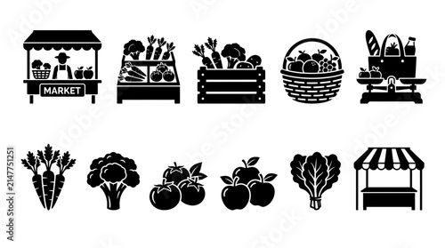 Set of farmers market food icons and shop stall silhouettes.