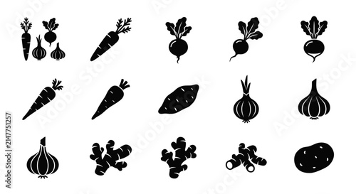 Set of black vegetable silhouette icons for healthy nutrition.