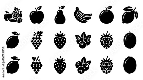 Set of black fruit and berry icons on white background.