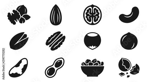 Set of Various Nut Icons Representing Healthy Food and Snacks.