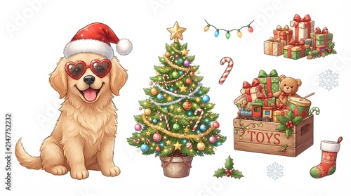 A cute golden retriever puppy wearing a santa hat and sunglasses next to a decorated christmas tree and boxes of holiday gifts