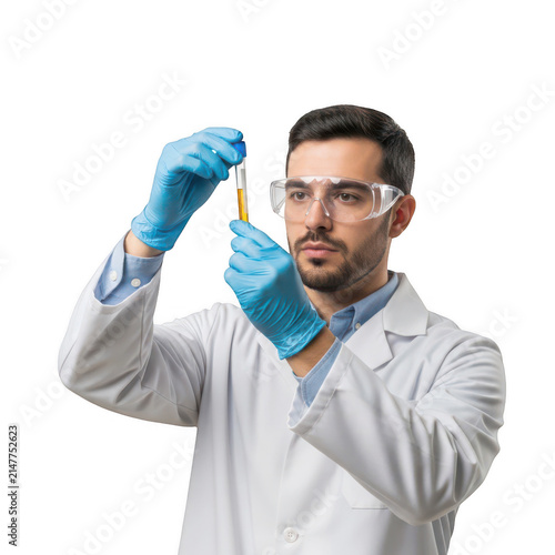 Scientist in lab coat examining a test tube