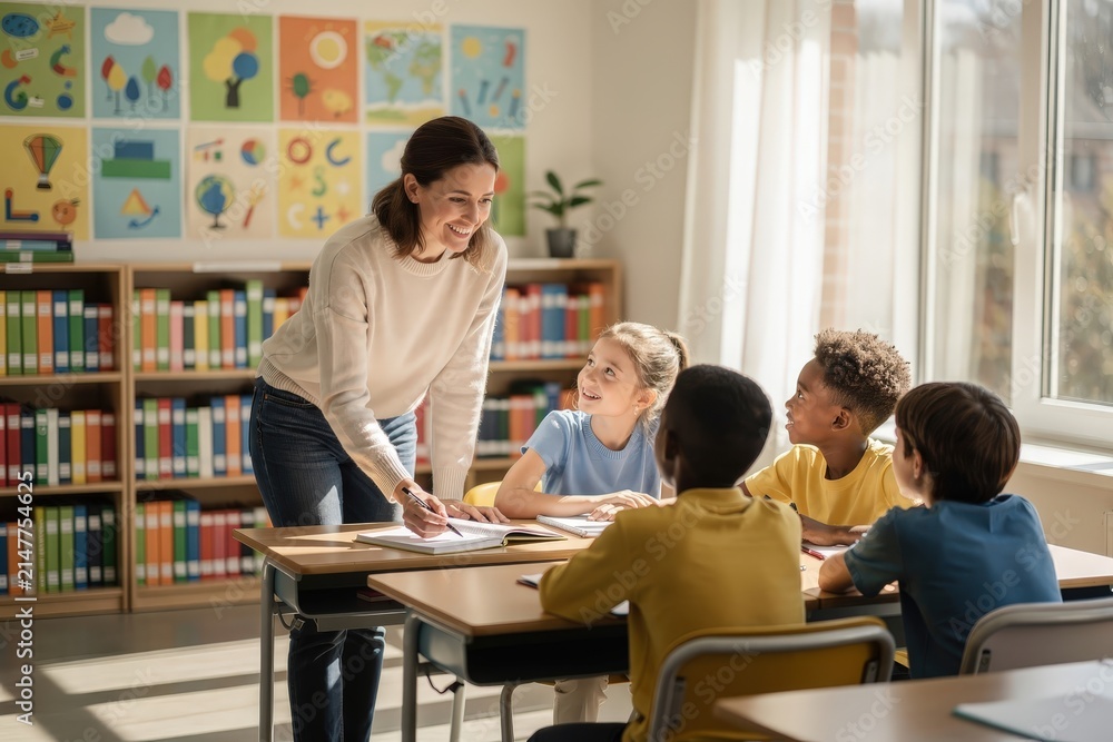 Fototapeta premium Enthusiastic Female Teacher Engaging with Diverse Group of Young Students in Bright Classroom, Natural Daylight Streaming Through Windows, Colorful Educational Posters on Walls, Capturing Joyful