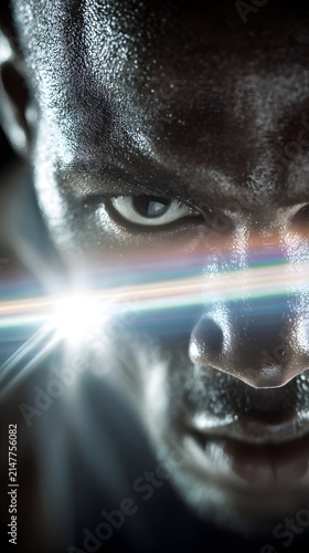 Extreme close-up of a sweaty male athlete's intense focus and glare, with a dramatic horizontal lens flare across his face.