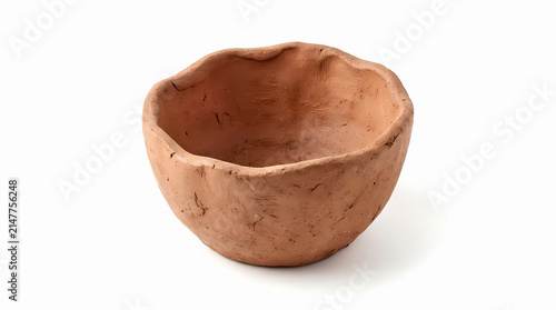 Rustic handmade clay bowl, an earthy terracotta pottery vessel, organic textured earthenware for natural decor and craft projects, isolated on white.