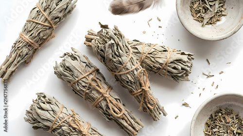 Aromatic white sage smudge sticks, dried herbal bundles for cleansing rituals and spiritual practices, natural incense for meditation and purification