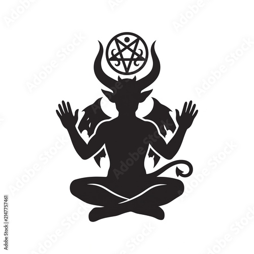 a black silhouette of a demon sitting cross-legged with its hands raised, featuring horns and a circular symbol on its head, vector isolated on white
