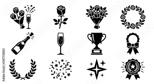 Set of celebration and achievement icon illustrations.