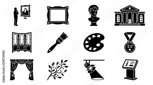 Set of museum and art gallery icons in black and white.