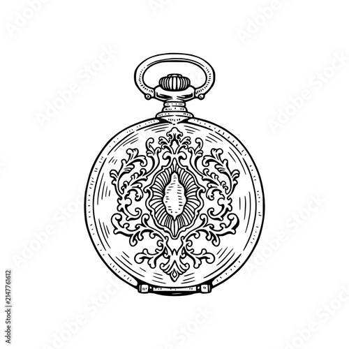 Fotografie Pocket Watch Back Floral Engraving Vintage Illustration