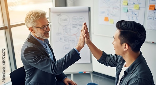 A senior businessman and a younger colleague share a high five, symbolizing teamwork and achievement in a bright, contemporary office.