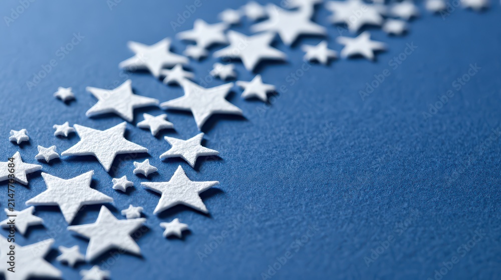 Fototapeta premium White stars scattered across a deep blue textured background with shallow depth of field creating a magical celebratory atmosphere