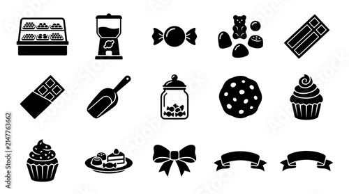 Set of black and white confectionery and bakery icon illustrations.