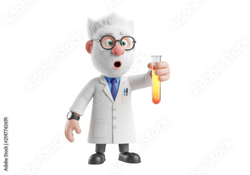 Cartoon scientist holding a test tube with orange liquid