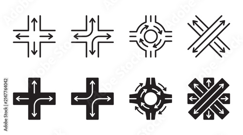 Road intersection and traffic navigation icon set for urban planning with intersection navigation roundabout junction