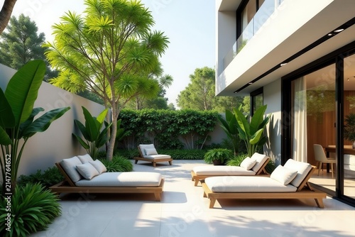 Modern minimalist patio with stylish plants and large windows , plants, greenery