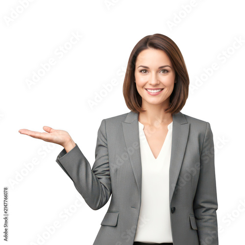 Confident businesswoman in professional attire gesturing