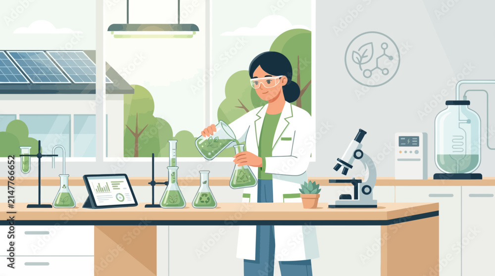 Fototapeta premium An illustration showcasing a scientist engaging in green chemistry practices within a sustainable and environmentally conscious laboratory. This is an eco-friendly Flat Design.