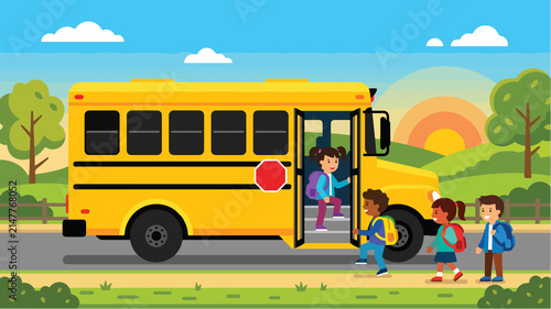 Yellow school bus vector illustration with diverse children getting on the bus for morning back to school concept