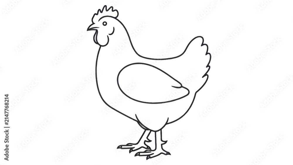 Fototapeta premium Simple Hen Line Art Drawing. Black and White Outline Sketch of a Chicken. Farm Animal Vector Illustration.