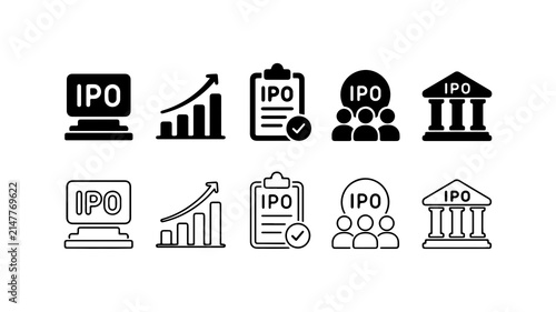 IPO Initial Public Offering Icon Set in Silhouette and Outline Style