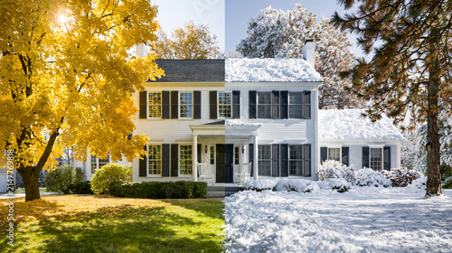Split screen view of residential house exterior comparing sunny autumn foliage and snowy winter landscape.